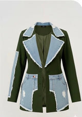Alluring Denim Mix Blazer Olive Plus