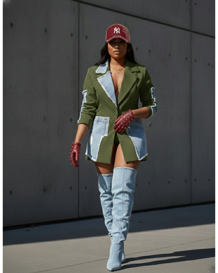 Alluring Denim Mix Blazer Olive Plus
